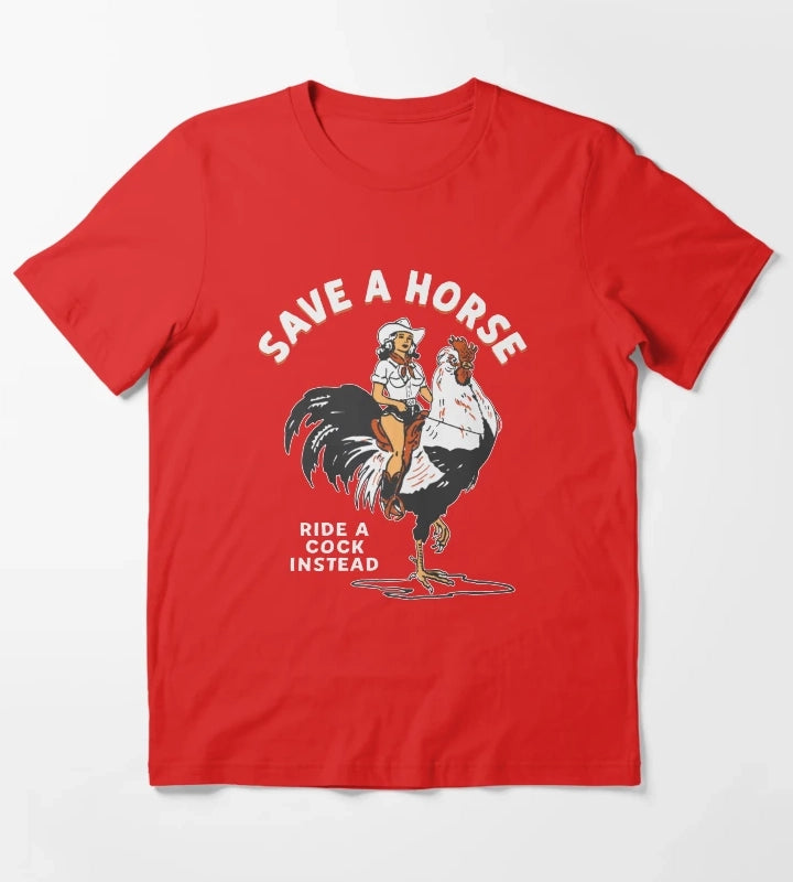 Rooster Rodeo Cowgirl Cowboy Graphic Western T-Shirt Red