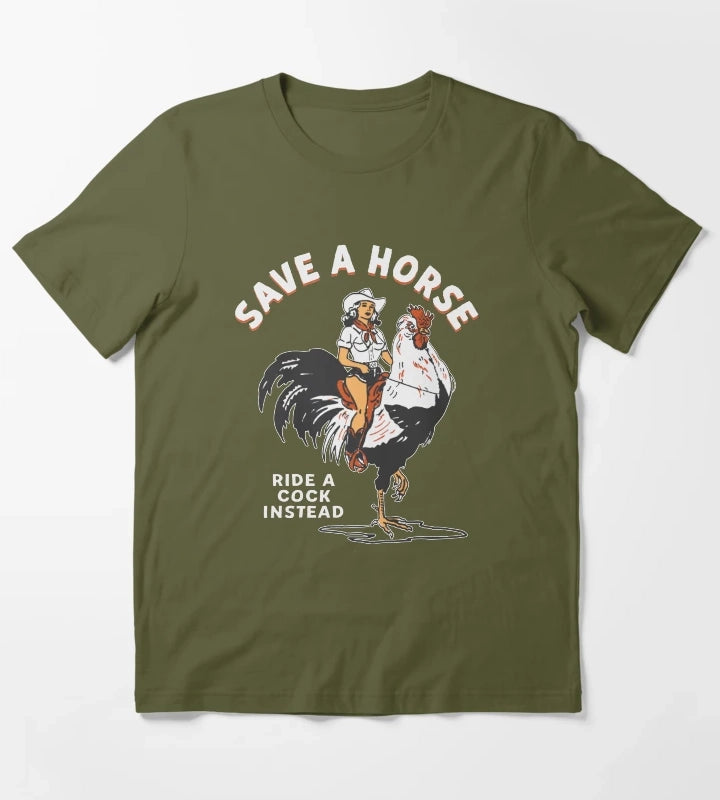 Rooster Rodeo Cowgirl Cowboy Graphic Western T-Shirt Olive Green