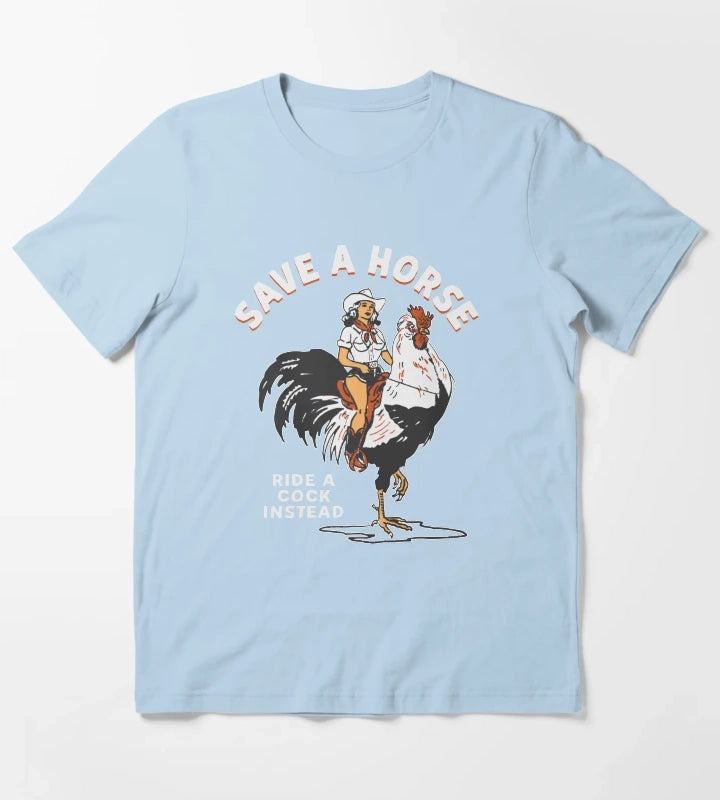 Rooster Rodeo Cowgirl Cowboy Graphic Western T-Shirt Sky Blue