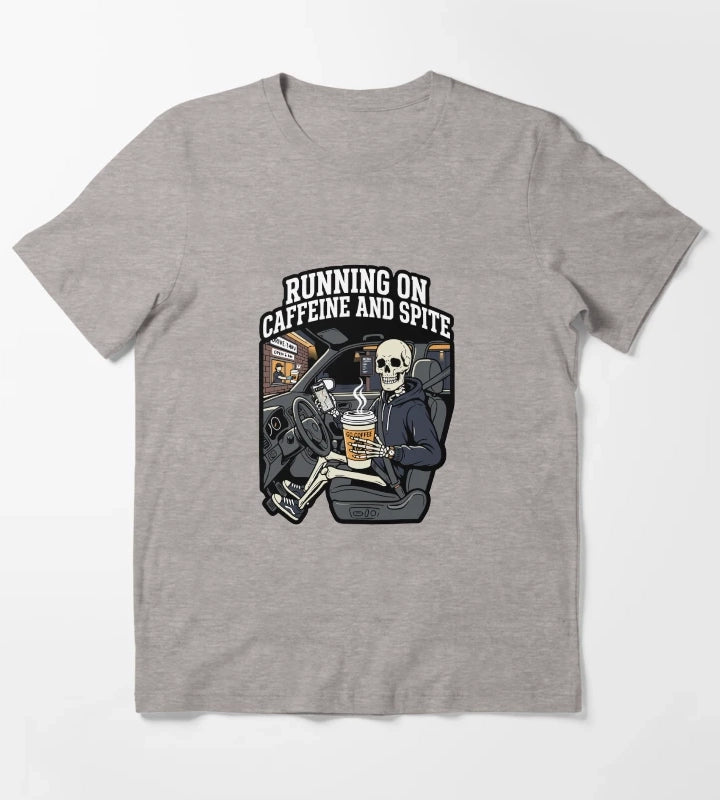Running On Caffeine And Spite Funny Coffee Addict Skeleton Dark Humor Gift T-Shirt Heather Grey