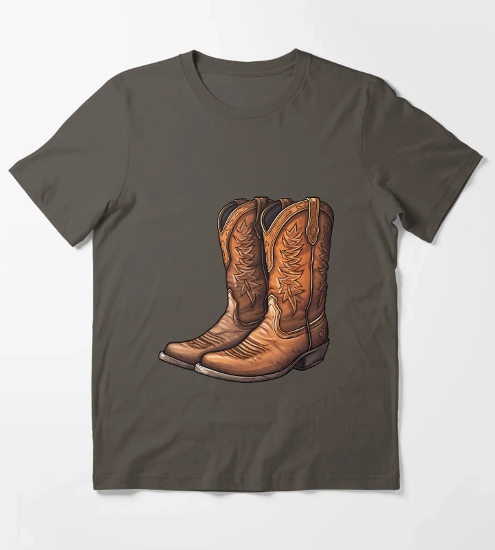 Rustic Brown Western Cowboy Boots Drawing T-Shirt Dark Grey