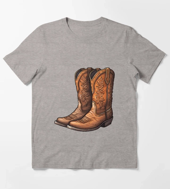 Rustic Brown Western Cowboy Boots Drawing T-Shirt Heather Grey