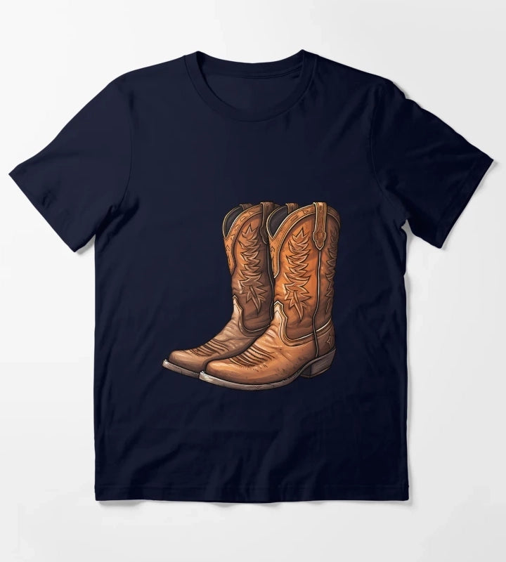 Rustic Brown Western Cowboy Boots Drawing T-Shirt Navy