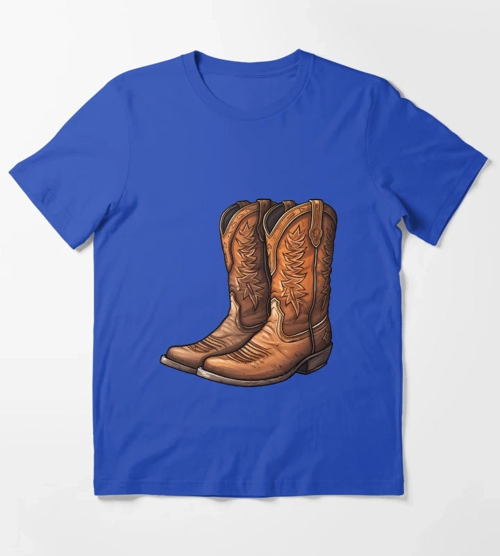 Rustic Brown Western Cowboy Boots Drawing T-Shirt Blue