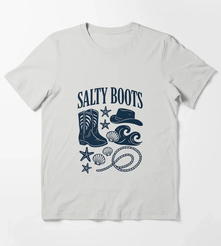 Salty Boots Western Beach Design T-Shirt Light Grey