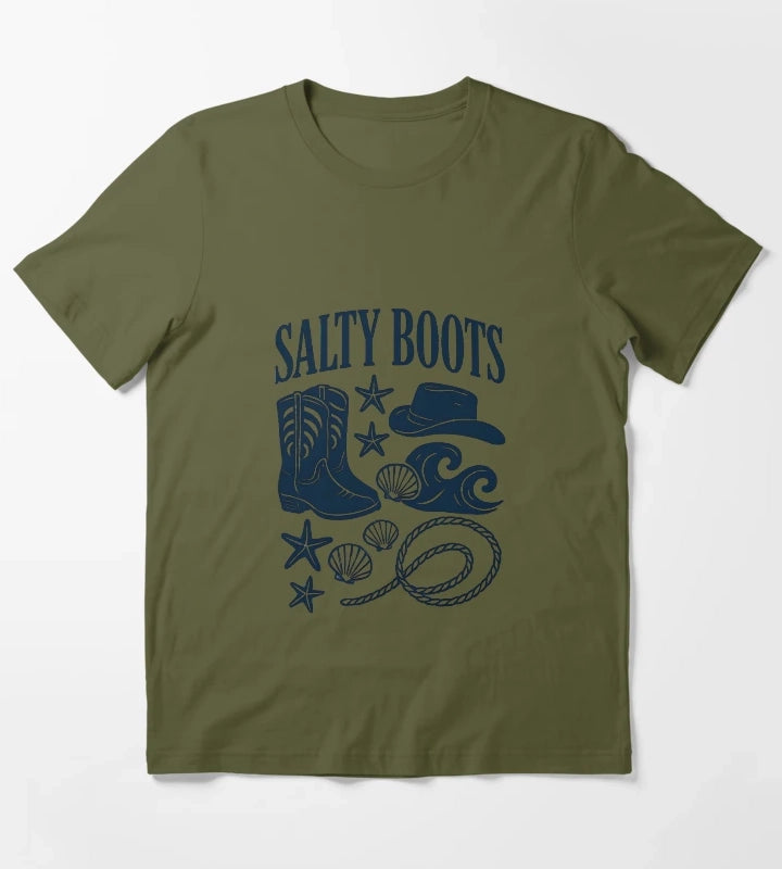 Salty Boots Western Beach Design T-Shirt Olive Green