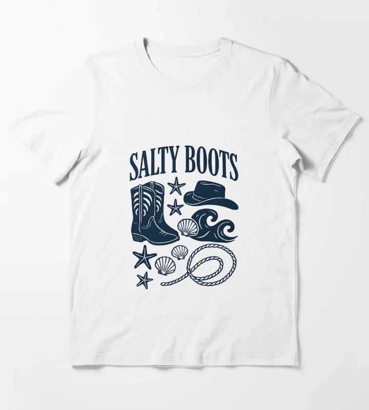 Salty Boots Western Beach Design T-Shirt White