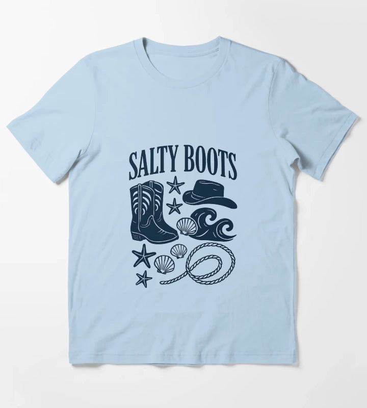 Salty Boots Western Beach Design T-Shirt Sky Blue