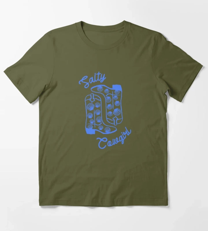 Salty Cowgirl Western Beach Boots Design T-Shirt Olive Green