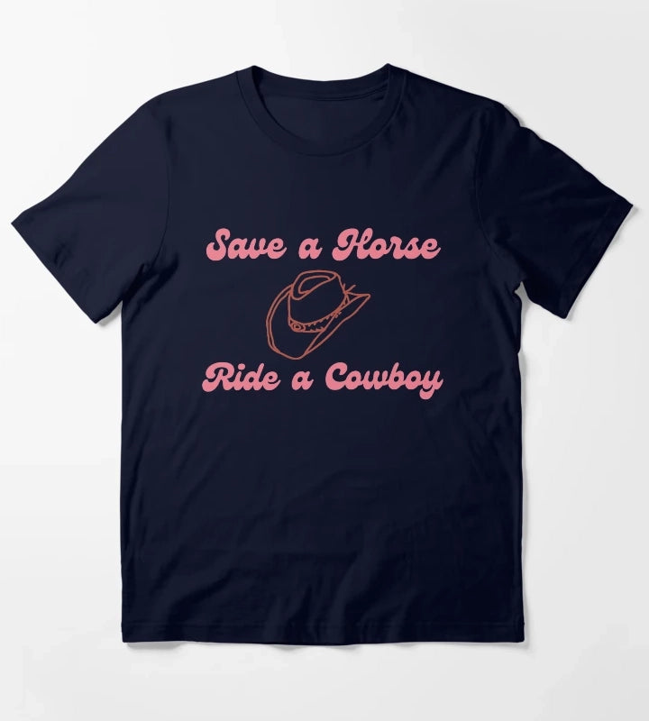 Save a Horse Ride a Cowboy pink and peach graphic with cute cowboy hat T-Shirt Navy