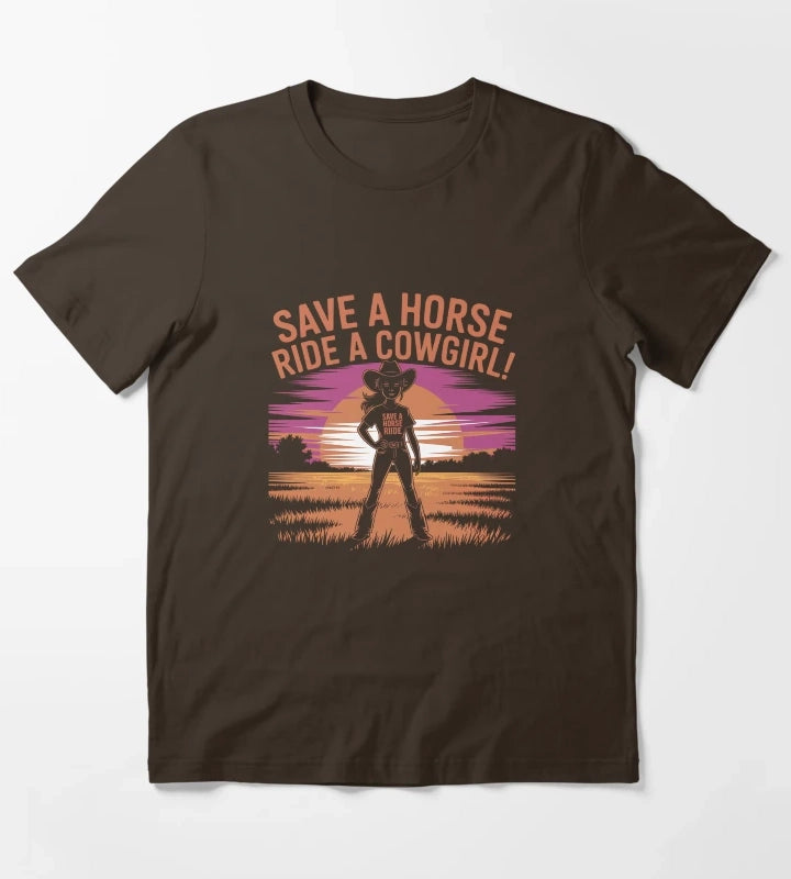 Save a Horse Ride a Cowgirl Funny Western Rodeo Bachelorette Shirt T-Shirt Brown