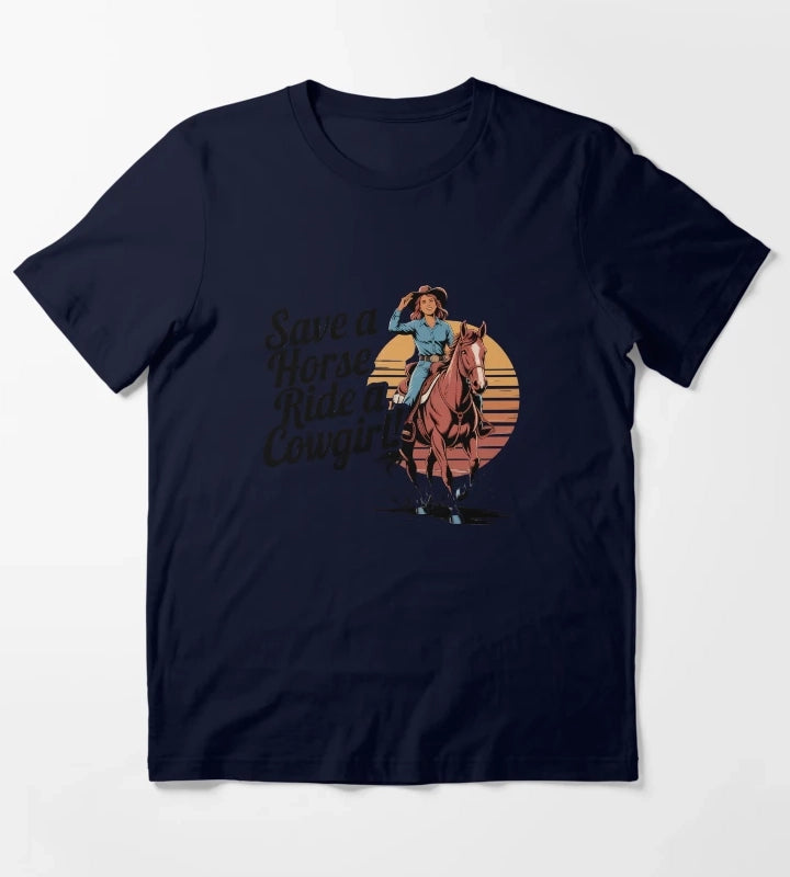 Save a Horse Ride a Cowgirl Vintage Western Funny Saying T-Shirt Navy