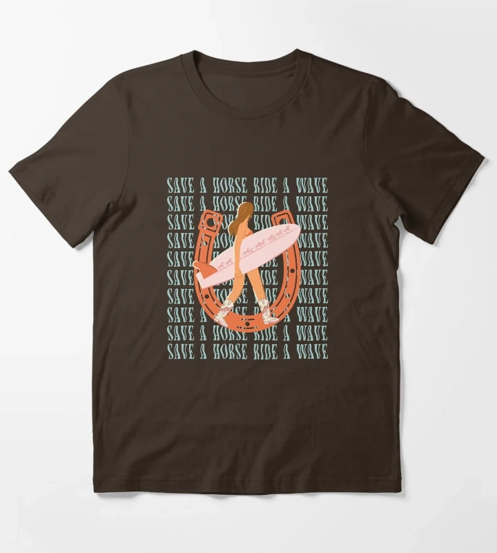Save a Horse Ride a Wave Coastal Cowgirl T-Shirt Brown