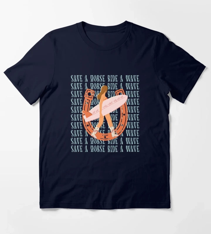 Save a Horse Ride a Wave Coastal Cowgirl T-Shirt Navy