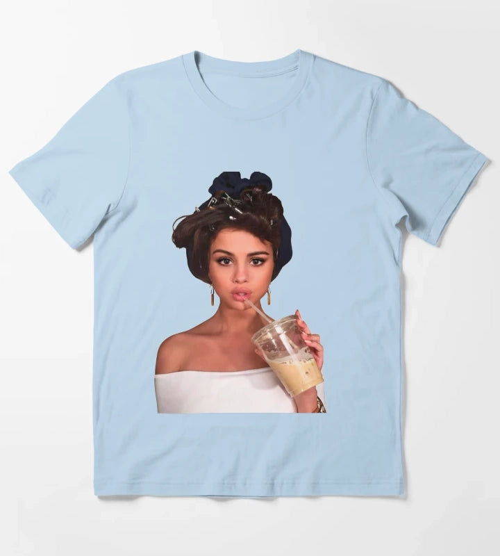 Selena Gomez Coffee T-Shirt Sky Blue