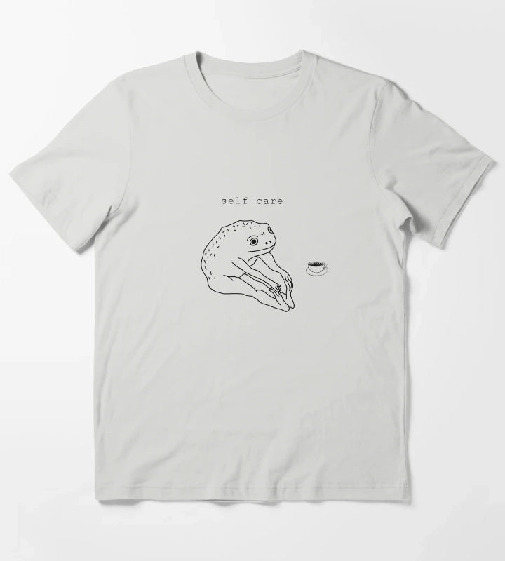 Self Care Frog Drinking coffee T-Shirt Light Grey