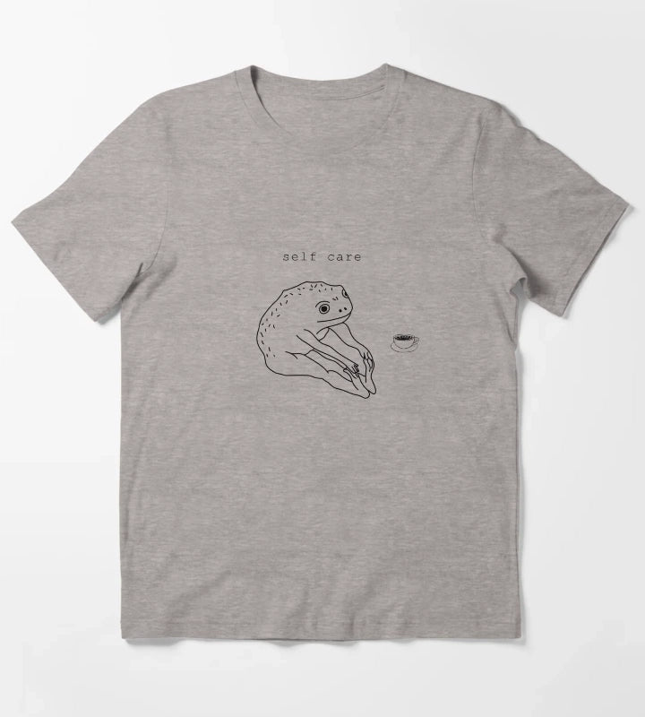 Self Care Frog Drinking coffee T-Shirt Heather Grey