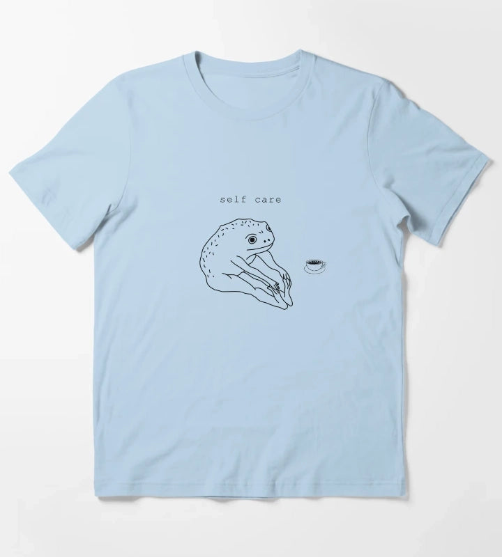 Self Care Frog Drinking coffee T-Shirt Sky Blue