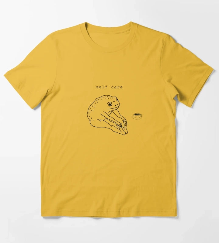 Self Care Frog Drinking coffee T-Shirt Yellow