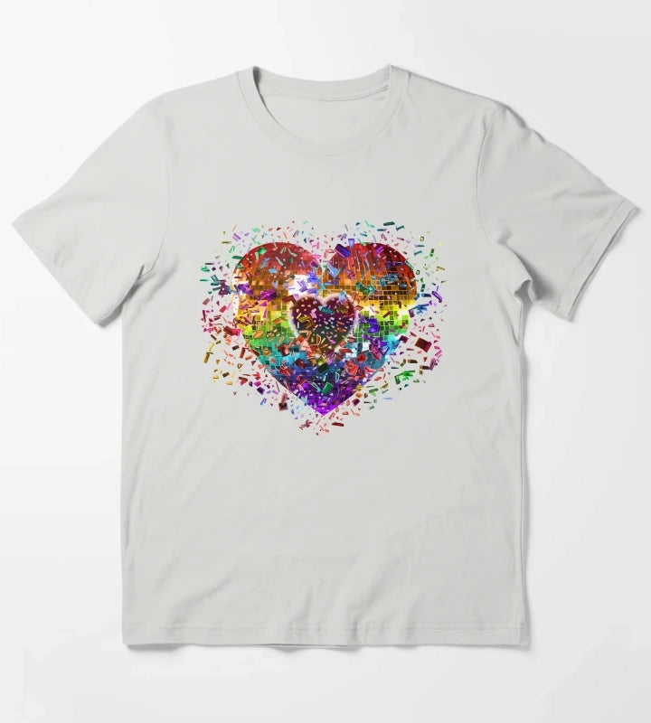 Shattered Rainbow Disco Ball Heart T-Shirt Light Grey