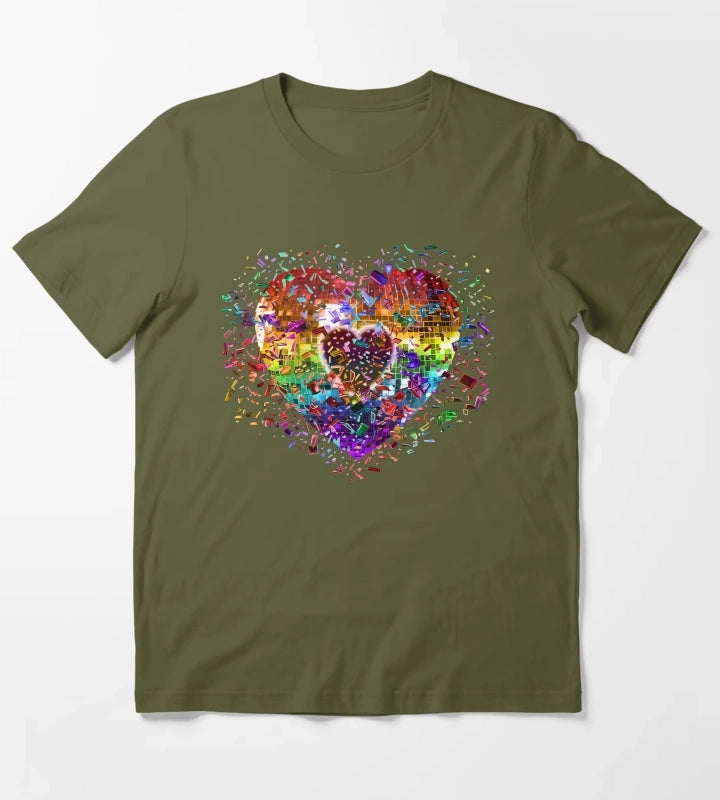 Shattered Rainbow Disco Ball Heart T-Shirt Olive Green