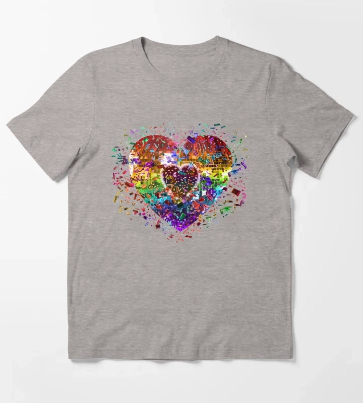 Shattered Rainbow Disco Ball Heart T-Shirt Heather Grey