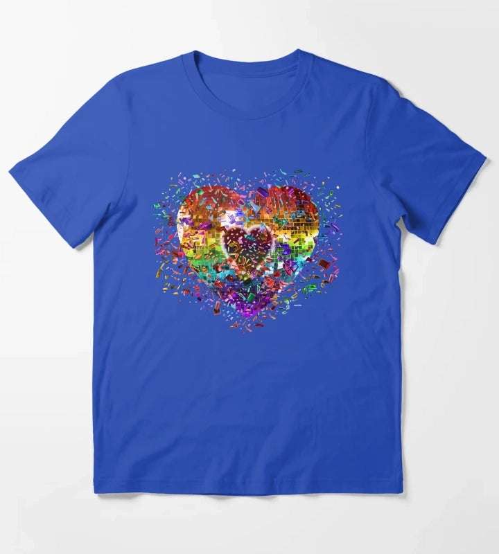 Shattered Rainbow Disco Ball Heart T-Shirt Blue