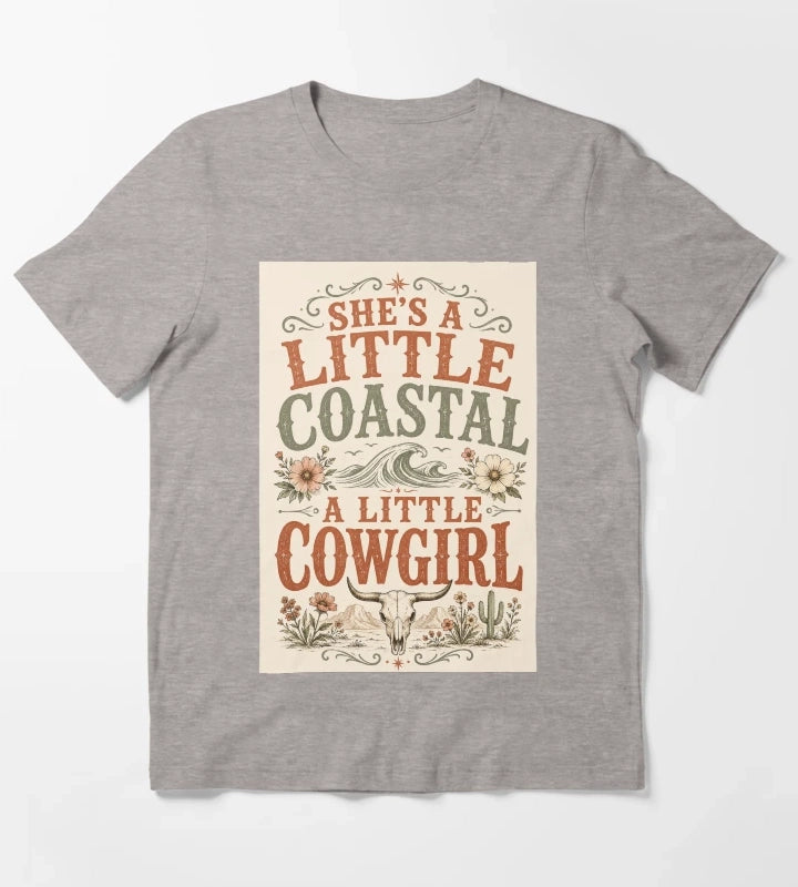 Shes A Little Coastal A Little Cowgirl Bold Distressed Typography Art Coastal Cowgirl Shirt Gift T-Shirt Heather Grey