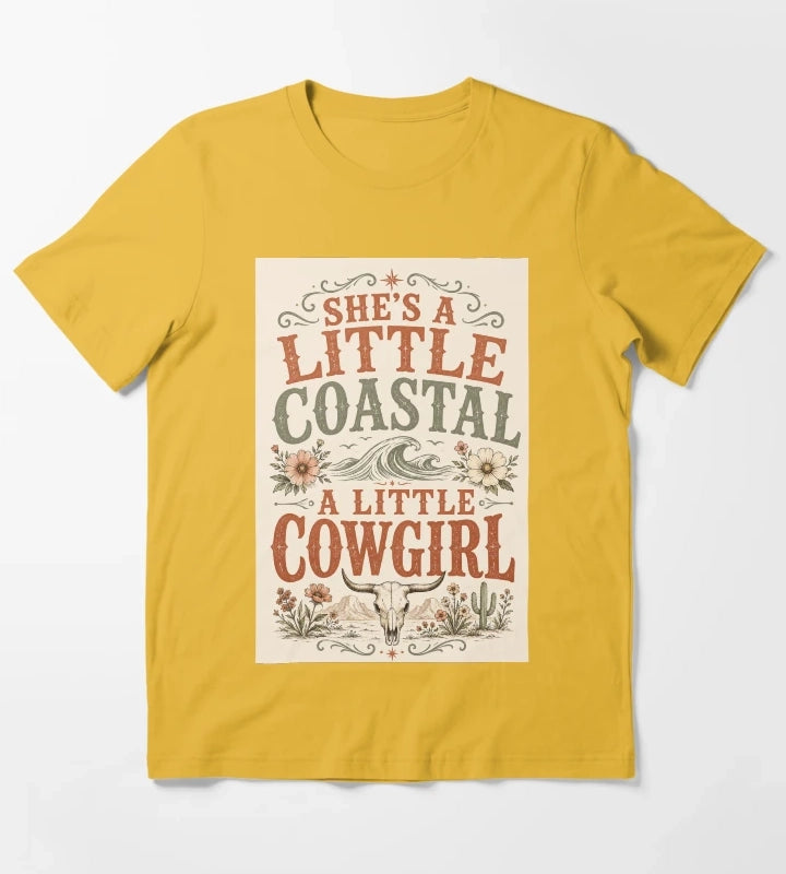 Shes A Little Coastal A Little Cowgirl Bold Distressed Typography Art Coastal Cowgirl Shirt Gift T-Shirt Yellow