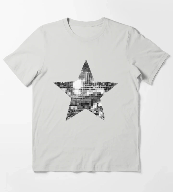 Shiny Silver Disco Ball Star T-Shirt Light Grey
