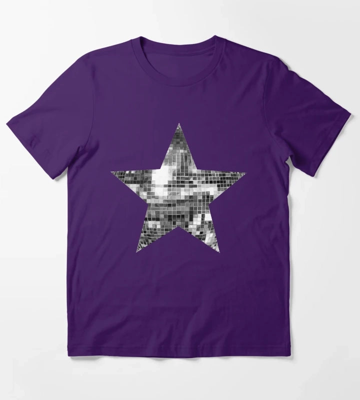 Shiny Silver Disco Ball Star T-Shirt Purple