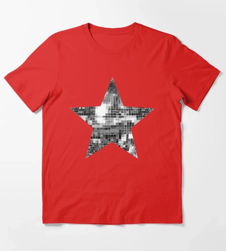 Shiny Silver Disco Ball Star T-Shirt Red