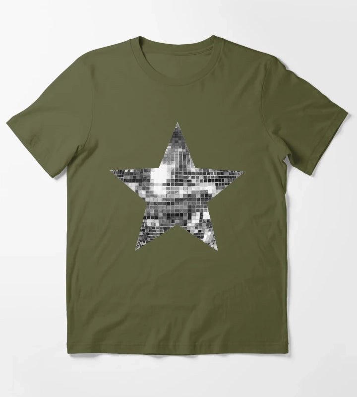 Shiny Silver Disco Ball Star T-Shirt Olive Green