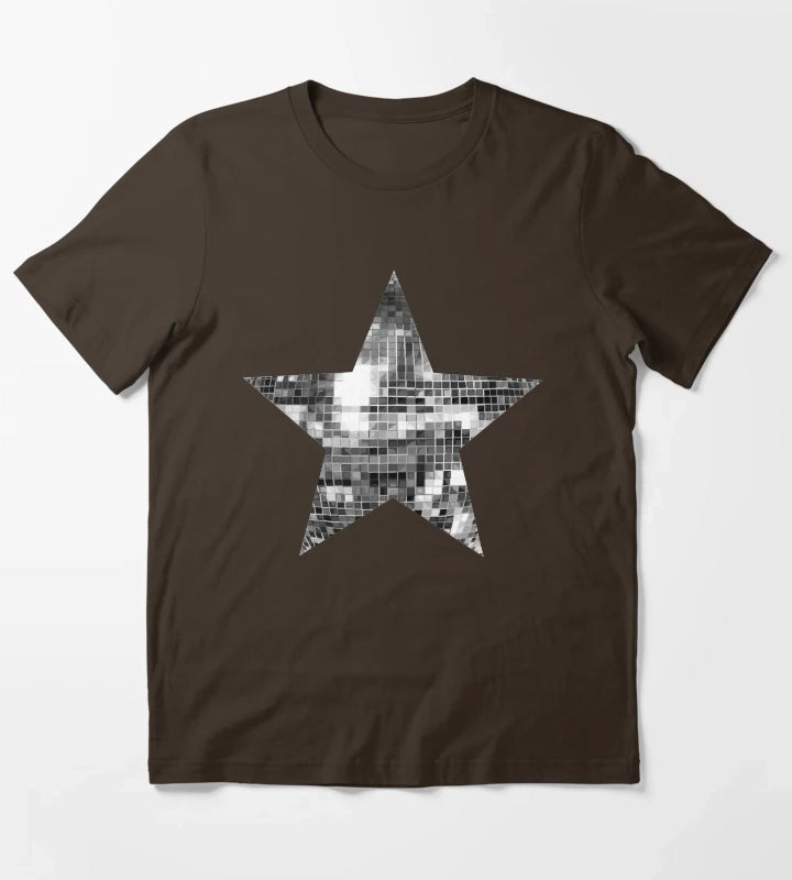 Shiny Silver Disco Ball Star T-Shirt Brown