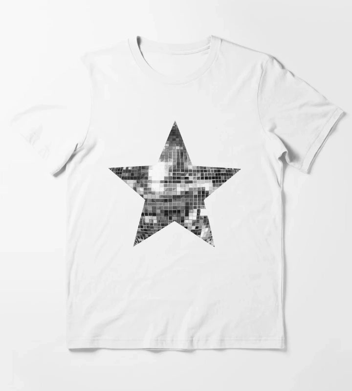 Shiny Silver Disco Ball Star T-Shirt White
