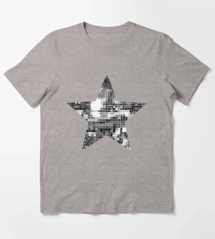 Shiny Silver Disco Ball Star T-Shirt Heather Grey
