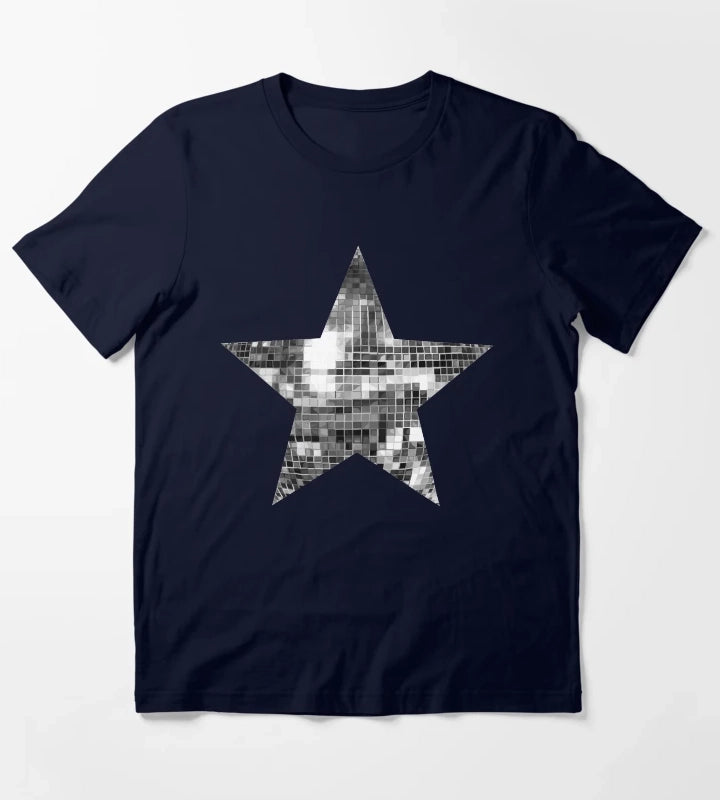 Shiny Silver Disco Ball Star T-Shirt Navy
