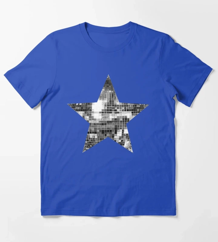 Shiny Silver Disco Ball Star T-Shirt Blue