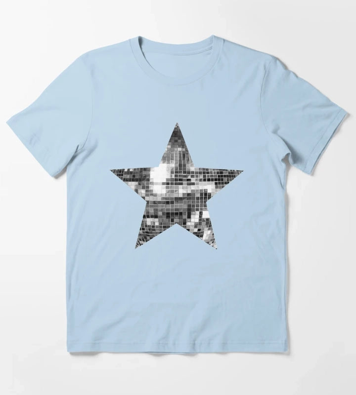 Shiny Silver Disco Ball Star T-Shirt Sky Blue