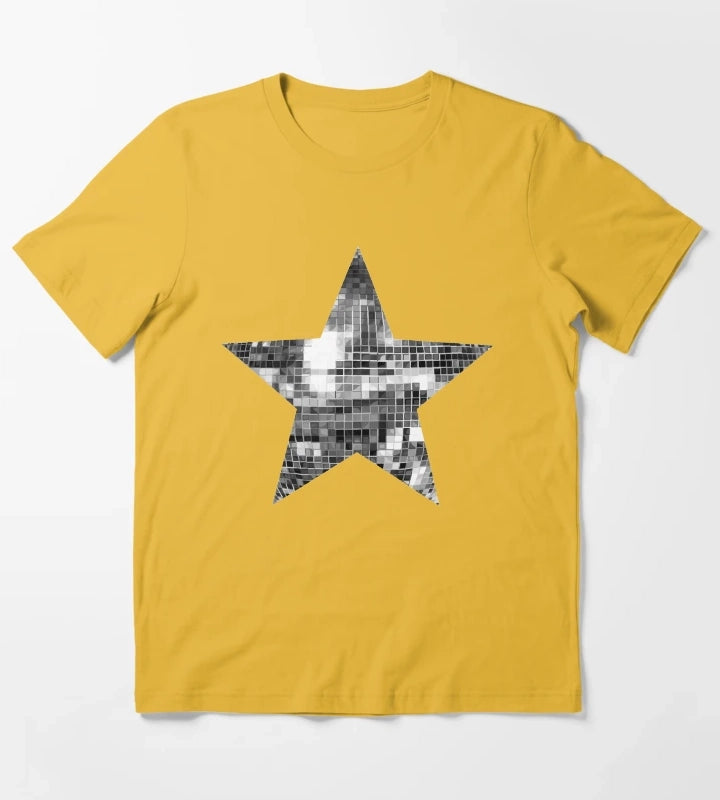 Shiny Silver Disco Ball Star T-Shirt Yellow