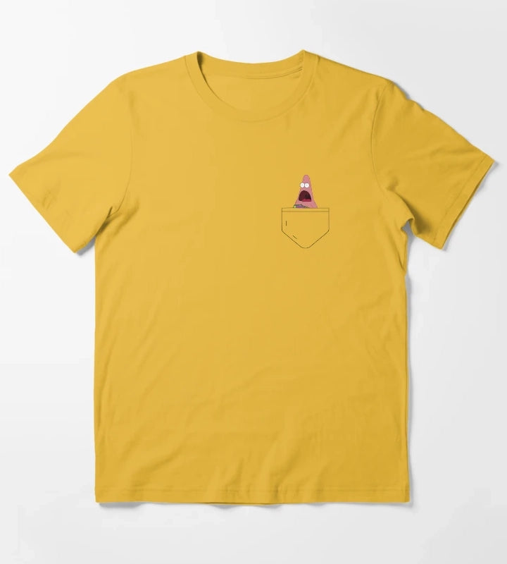 Shocked Patrick in a Pocket Sponge Bob T-Shirt Yellow