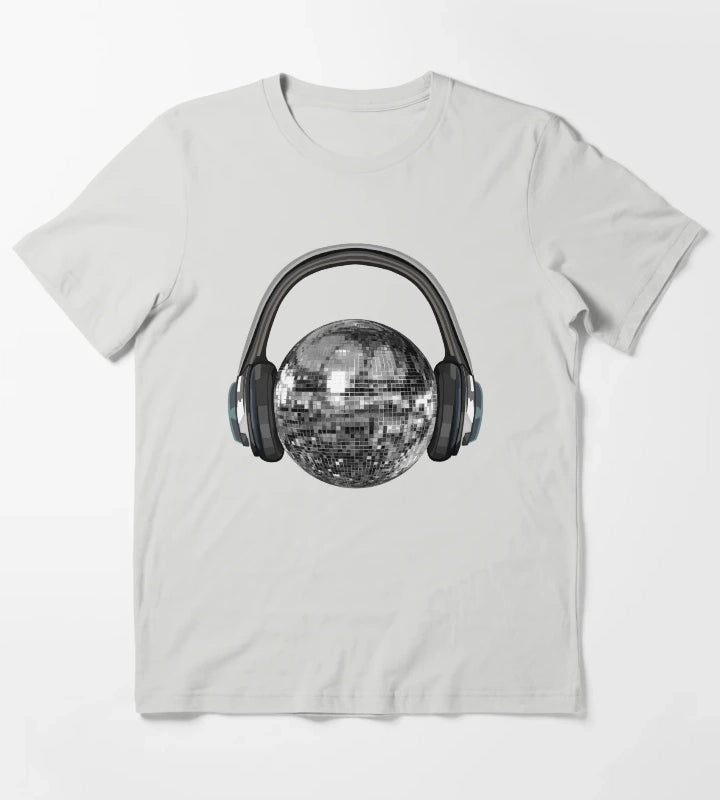 Silver Disco Ball with Headphones T-Shirt Light Grey