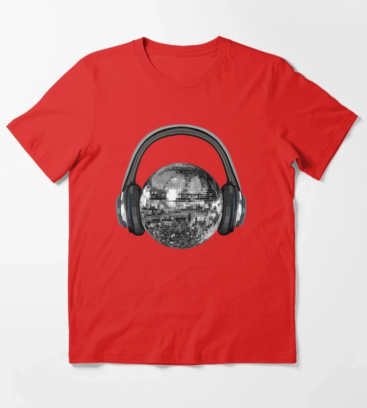 Silver Disco Ball with Headphones T-Shirt Red