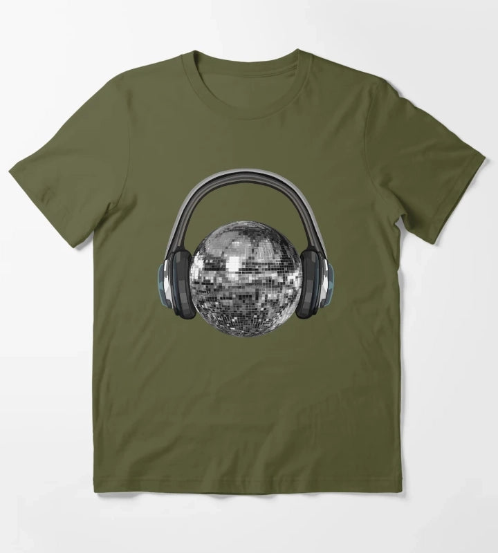 Silver Disco Ball with Headphones T-Shirt Olive Green