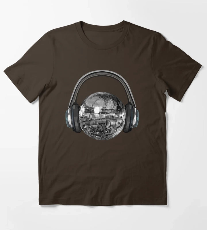 Silver Disco Ball with Headphones T-Shirt Brown