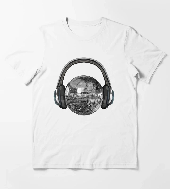 Silver Disco Ball with Headphones T-Shirt White