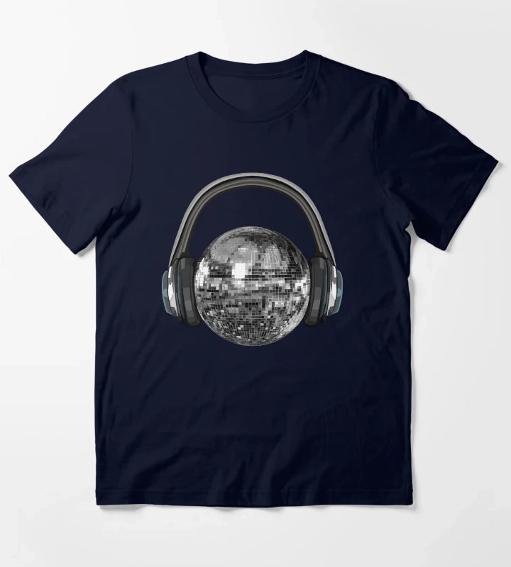 Silver Disco Ball with Headphones T-Shirt Navy