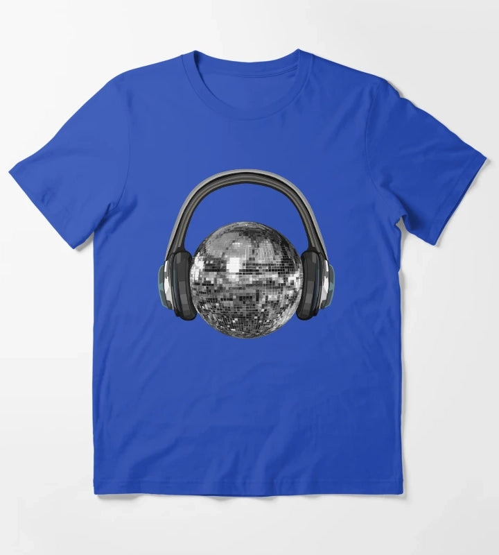 Silver Disco Ball with Headphones T-Shirt Blue