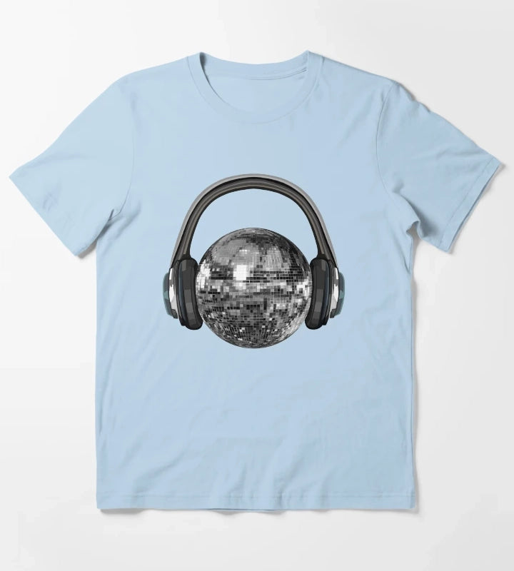 Silver Disco Ball with Headphones T-Shirt Sky Blue