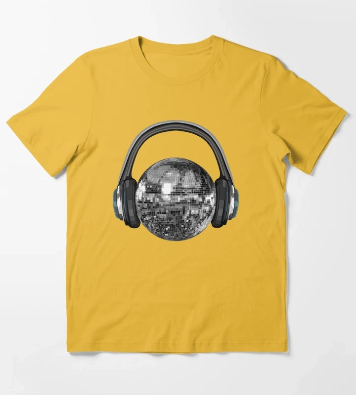 Silver Disco Ball with Headphones T-Shirt Yellow